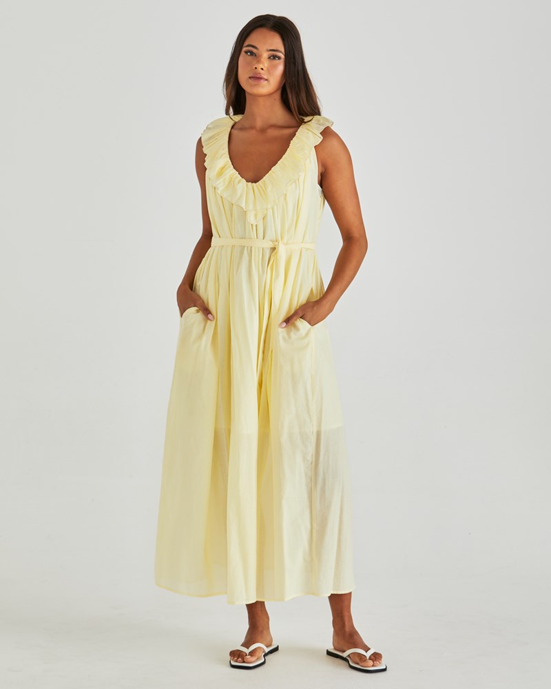 Image of Dresses. Product name - Lilla Ruffled Neck Dress Butter Yellow in Butter Yellow colour by brand - Sass Clothing
