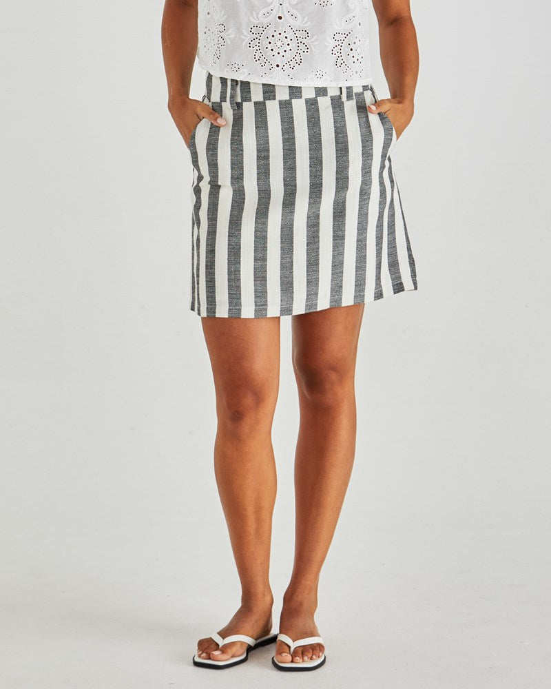 Image of a model wearing Skirts. Product name - Nevada Skirt Cream Black Stripe in Cream Black Stripe colour by brand - Sass Clothing