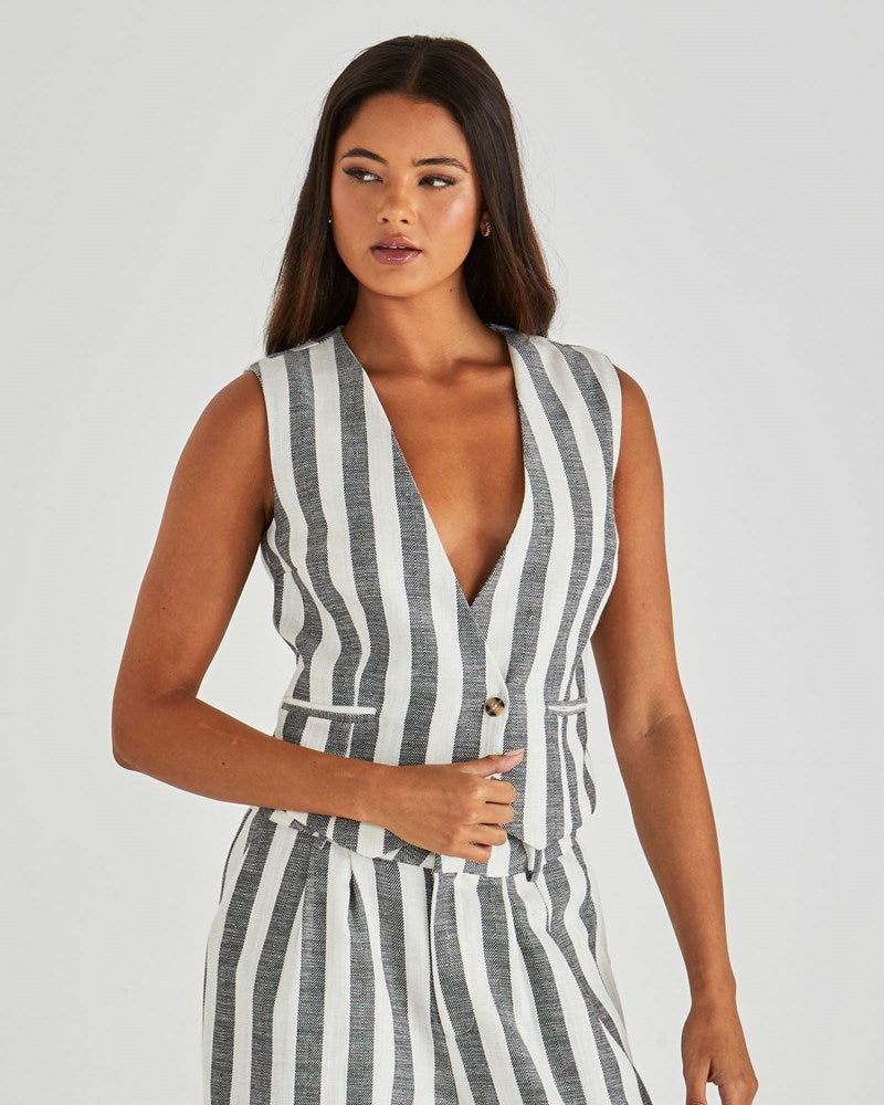 Image of a model wearing Tops. Product name - Nevada Vest Cream Black Stripe in Cream Black Stripe colour by brand - Sass Clothing