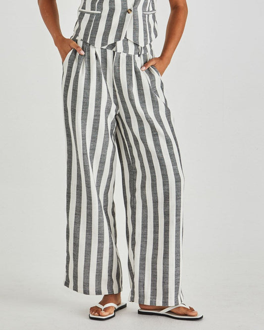 Image of a model wearing Pants. Product name - Nevada Pant Cream Black Stripe in Cream Black Stripe colour by brand - Sass Clothing