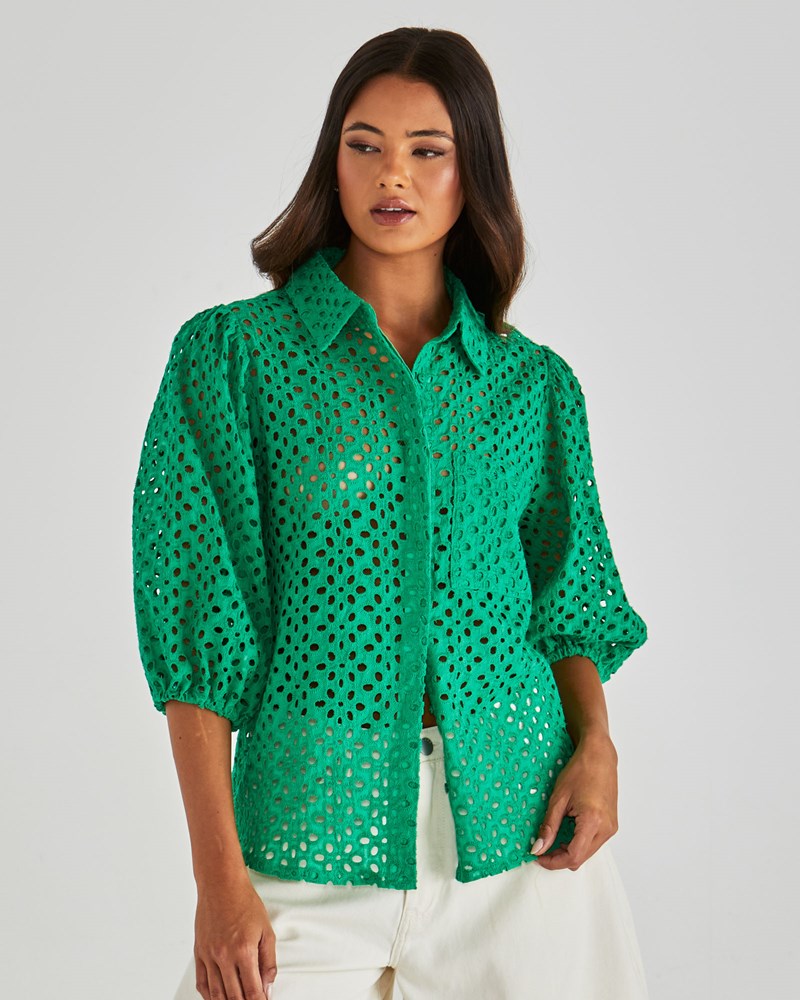 Image of a model wearing Tops. Product name - Steva Shirt Bright Green in Bright Green colour by brand - Sass Clothing