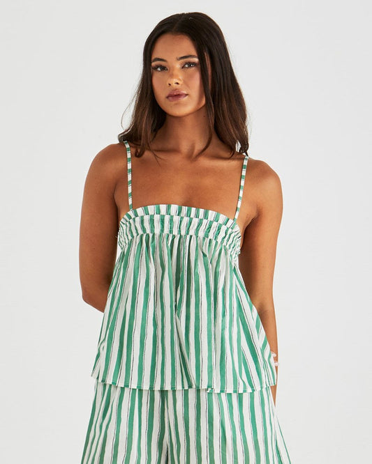 Image of a model wearing Tops. Product name - Seraphina Cami Green Stripe in Green Stripe colour by brand - Sass Clothing