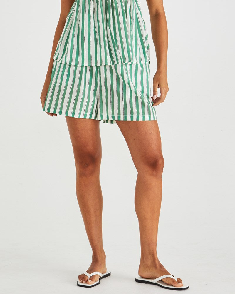 Image of a model wearing Shorts. Product name - Seraphina Shorts Green Stripe in Green Stripe colour by brand - Sass Clothing