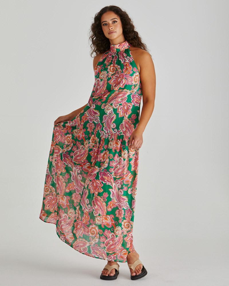 Sass Clothing Malia Halter Dress (Pink Green Paisley)