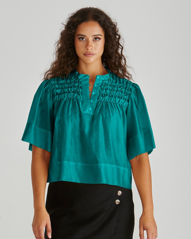 Image of Blouses. Product name - Fillip Ruffle Yoke Blouse Sea Green in Sea Green colour by brand - Sass Clothing