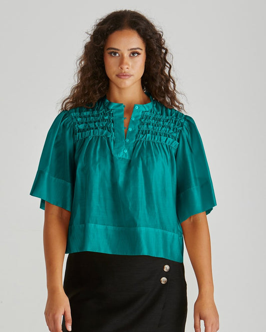 Image of Blouses. Product name - Fillip Ruffle Yoke Blouse Sea Green in Sea Green colour by brand - Sass Clothing