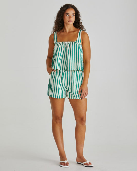 Image of a model wearing Shorts. Product name - Henri Short Green Stripe in Green Stripe colour by brand - Sass Clothing