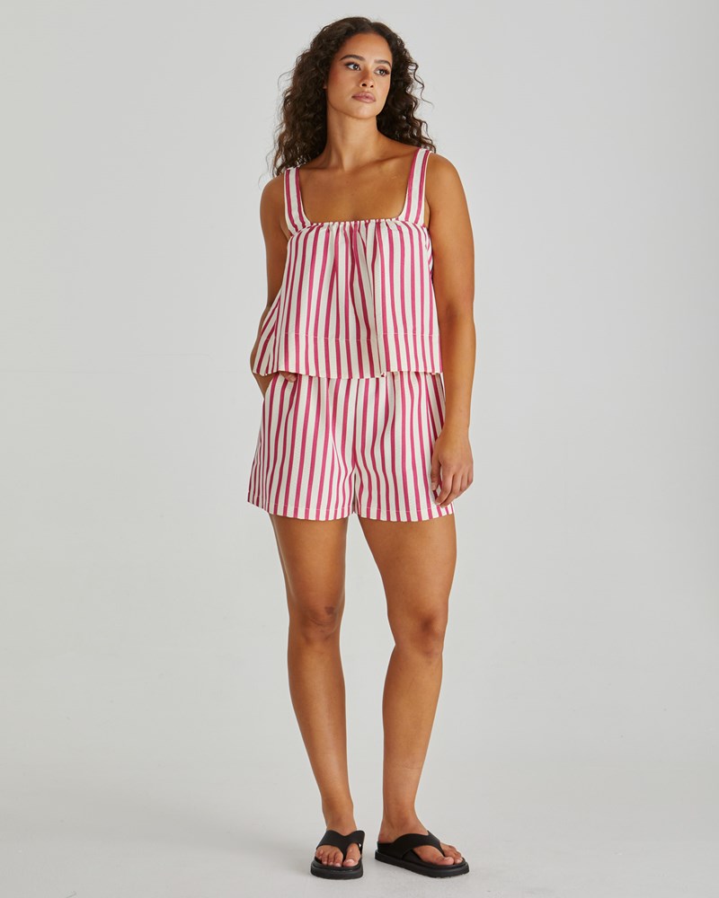 Image of a model wearing Shorts. Product name - Henri Short Pink Stripe in Pink Stripe colour by brand - Sass Clothing