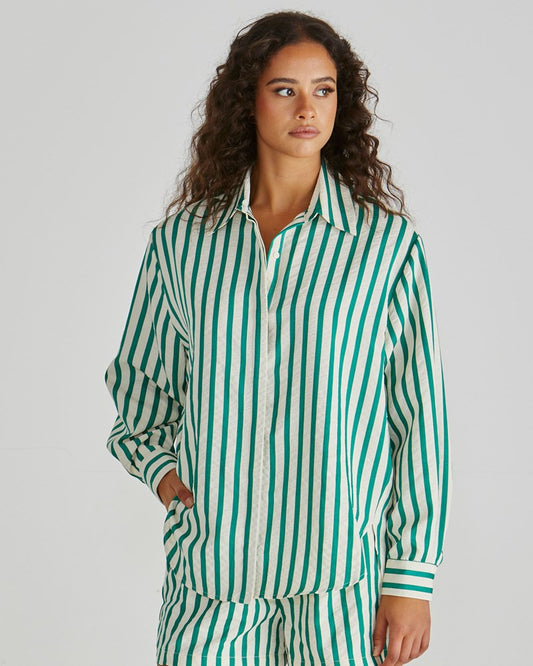 Image of Blouses. Product name - Henri Shirt Green Stripe in Green Stripe colour by brand - Sass Clothing
