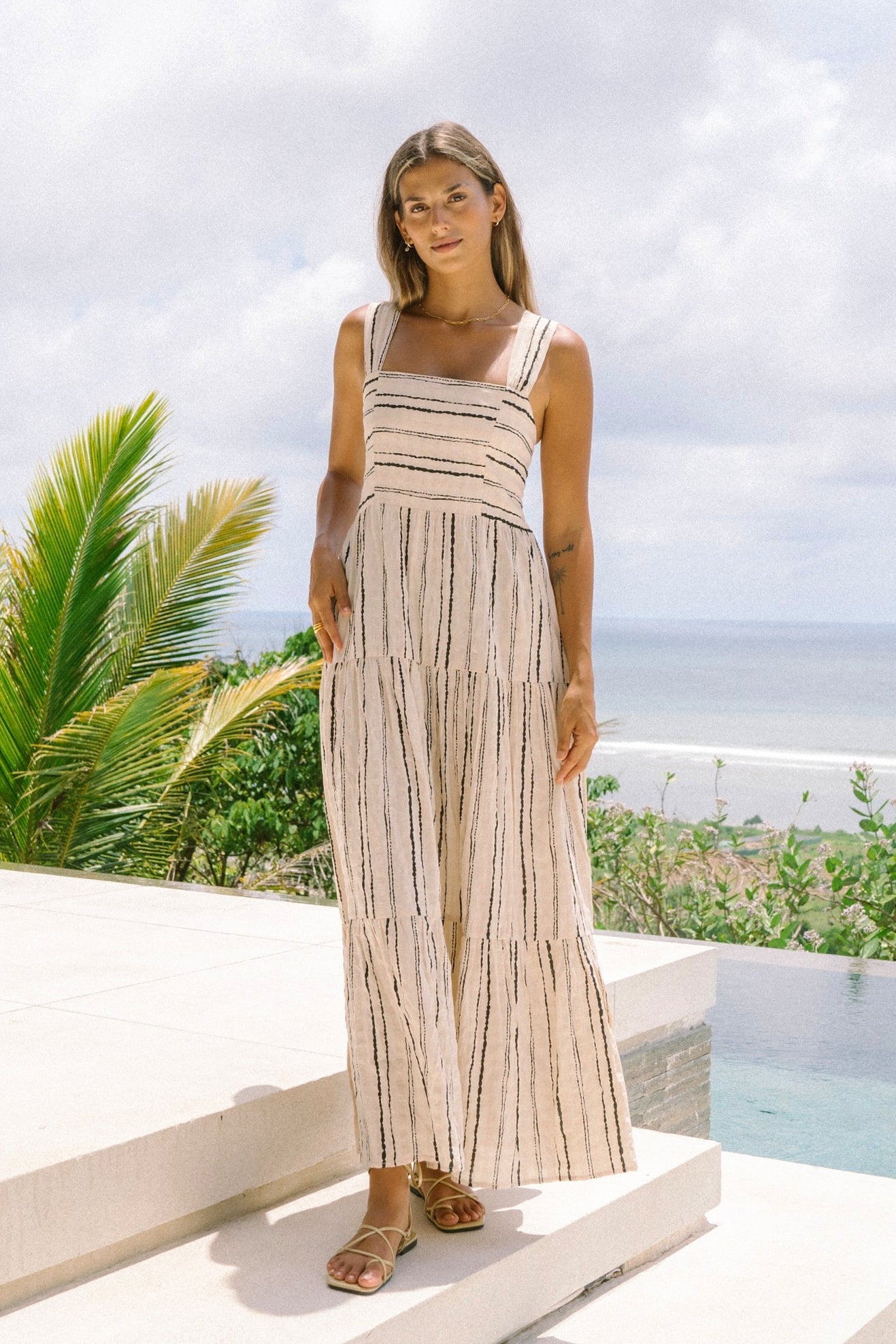 Heychic Keiko Black Stripe Tiered Maxi Dress (Beige)