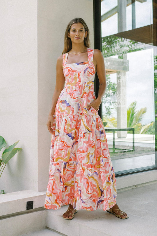 Image of Dresses. Productname: Mariella Pink Abstract Tiered Midi Dress in Pink colour by brand - Heychic
