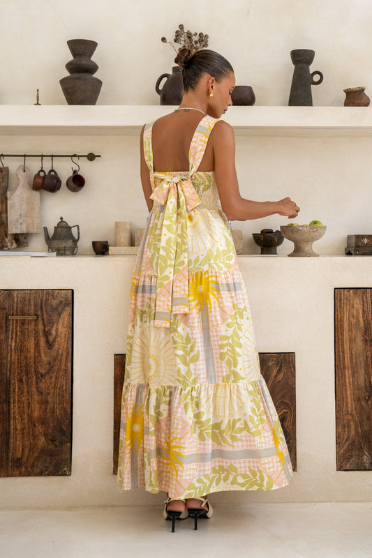 Heychic Aurea Pink Abstract Tiered Midi Dress (Yellow)