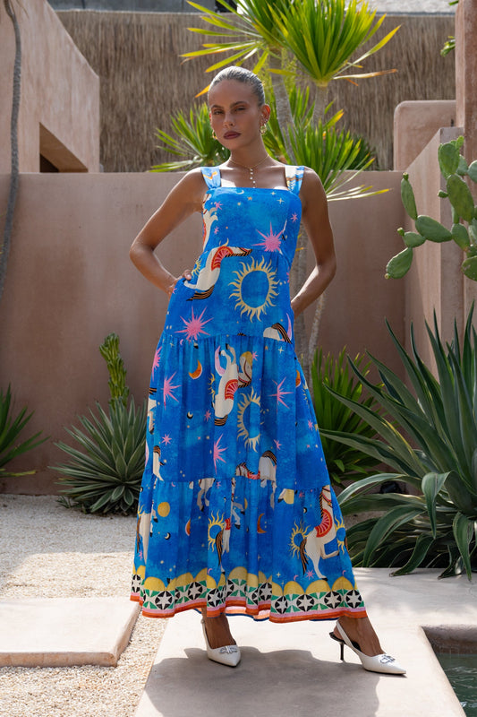 Image of Dresses. Productname: Heychic Philippa Abstract Tiered Midi Dress in Blue colour by brand - Heychic
