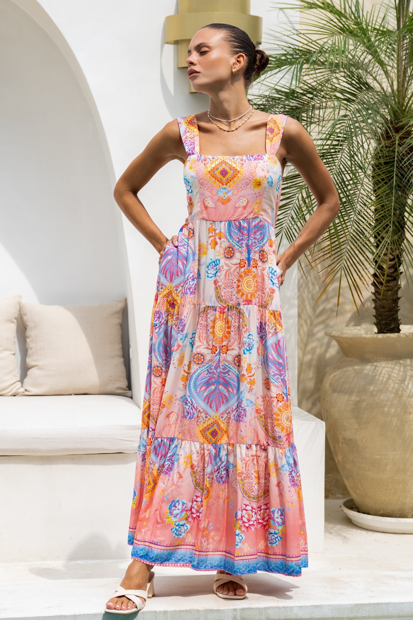 Image of Dresses. Productname: Heychic Serafina Pink Blue Boho Tiered Maxi Dress in Blue colour by brand - Heychic
