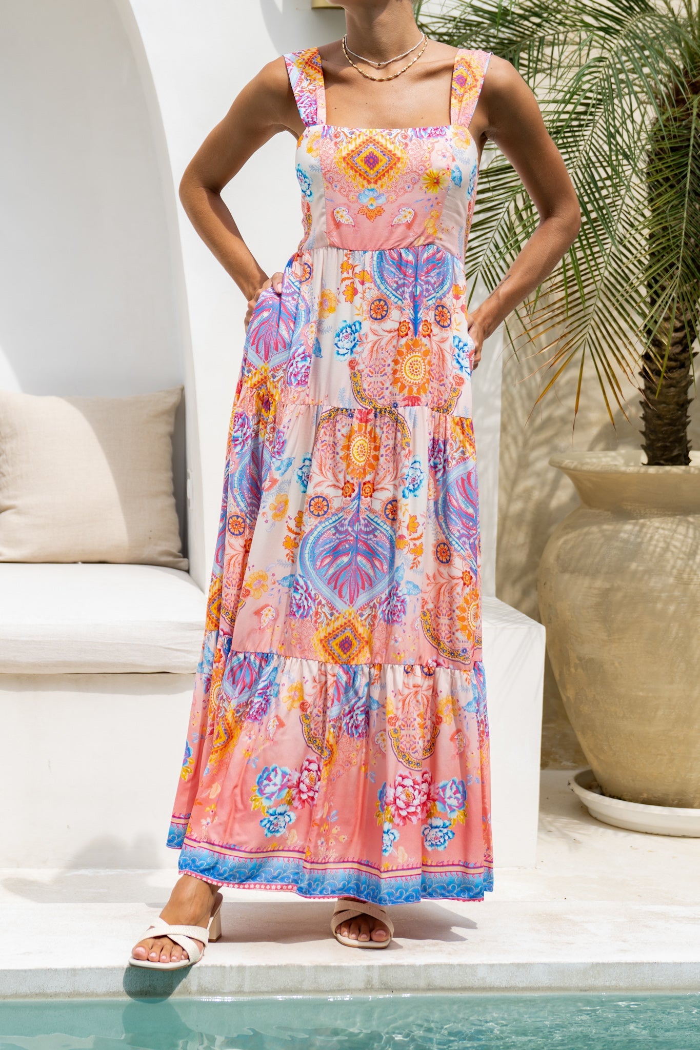 Heychic Serafina Pink Boho Tiered Maxi Dress (Blue)