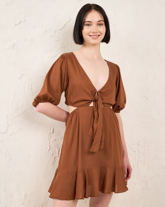 Image of Dresses. Productname: HEYCHIC Maliyah Tie Front Mini Dress in Brown colour by brand - HEYCHIC