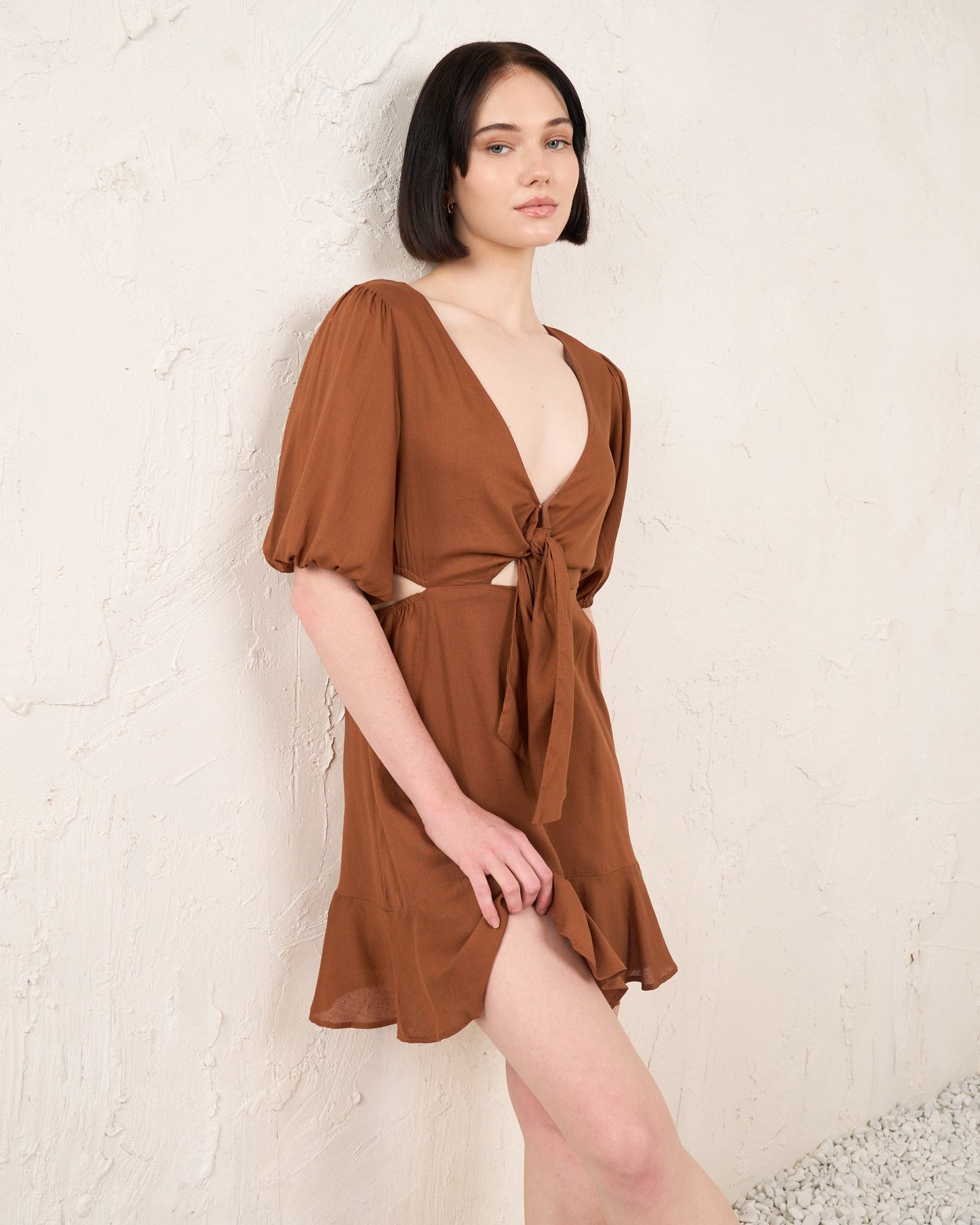 HEYCHIC Maliyah Tie Front Mini Dress (Brown)
