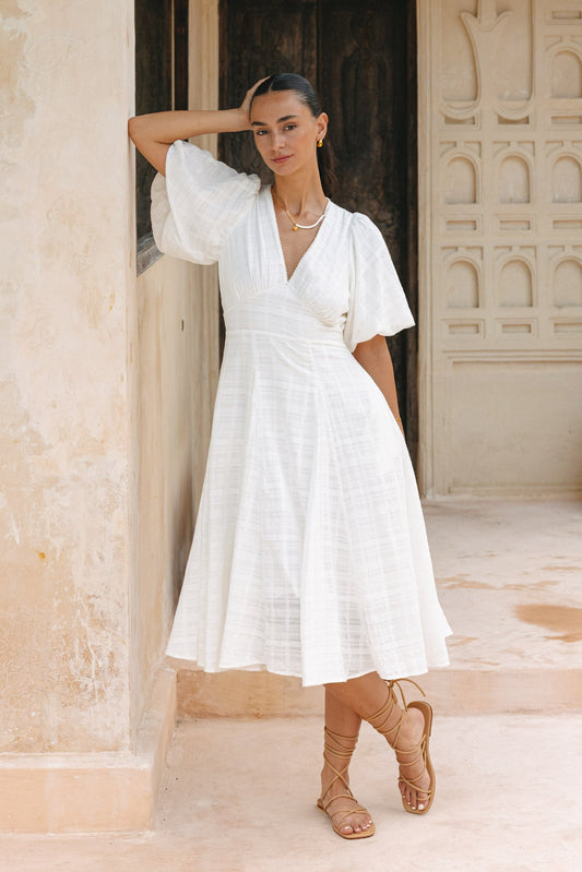 Image of Dresses. Productname: Heychic Weatherly Off-White Puff Sleeve Midi Dress in White colour by brand - Heychic