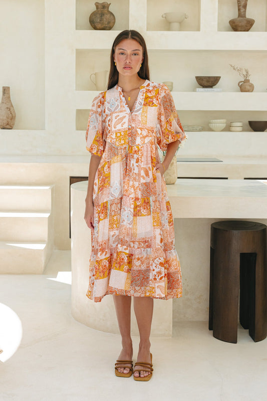 Heychic Hestia Boho Button Midi Dress (Orange)