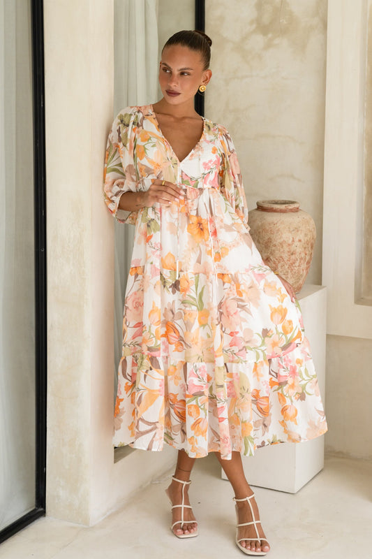 Image of Dresses. Productname: Lillian Orange Floral Midi Dress in Floral colour by brand - Heychic