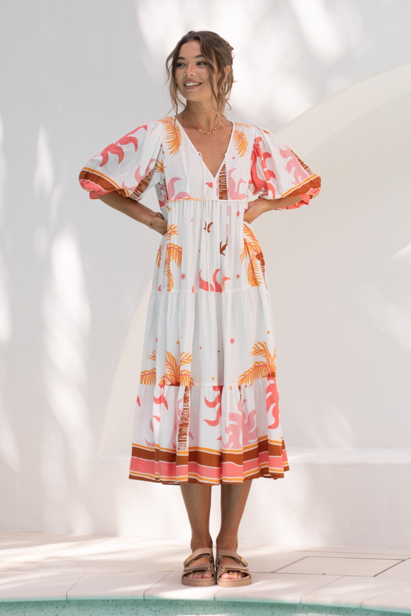 Image of Dresses. Productname: Heychic Soletta Coral Pink Tropical Midi Dress in Pink colour by brand - Heychic