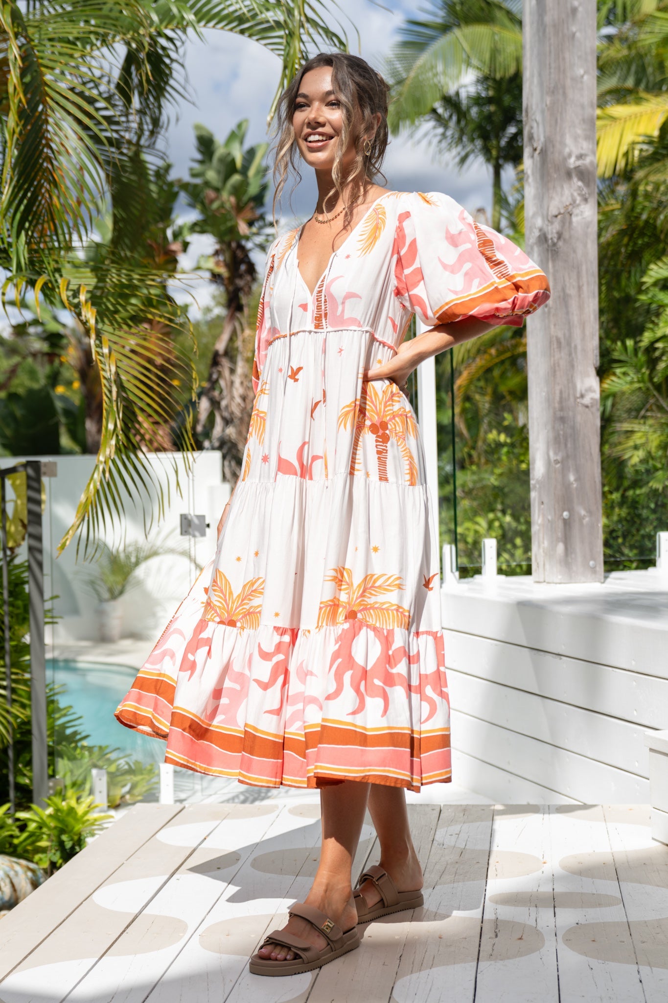 Heychic Soletta Coral Tropical Midi Dress (Pink)