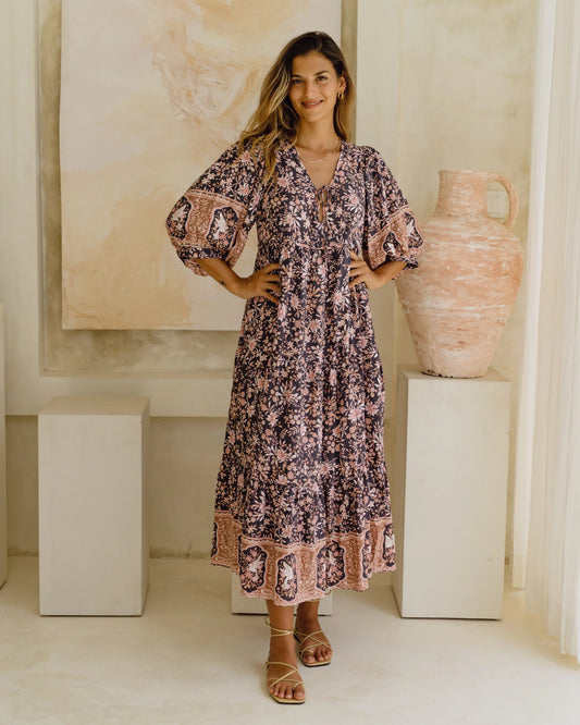 Image of Dresses. Product name - Araminta Purple Floral Boho Midi Dress in Floral colour by brand - Heychic