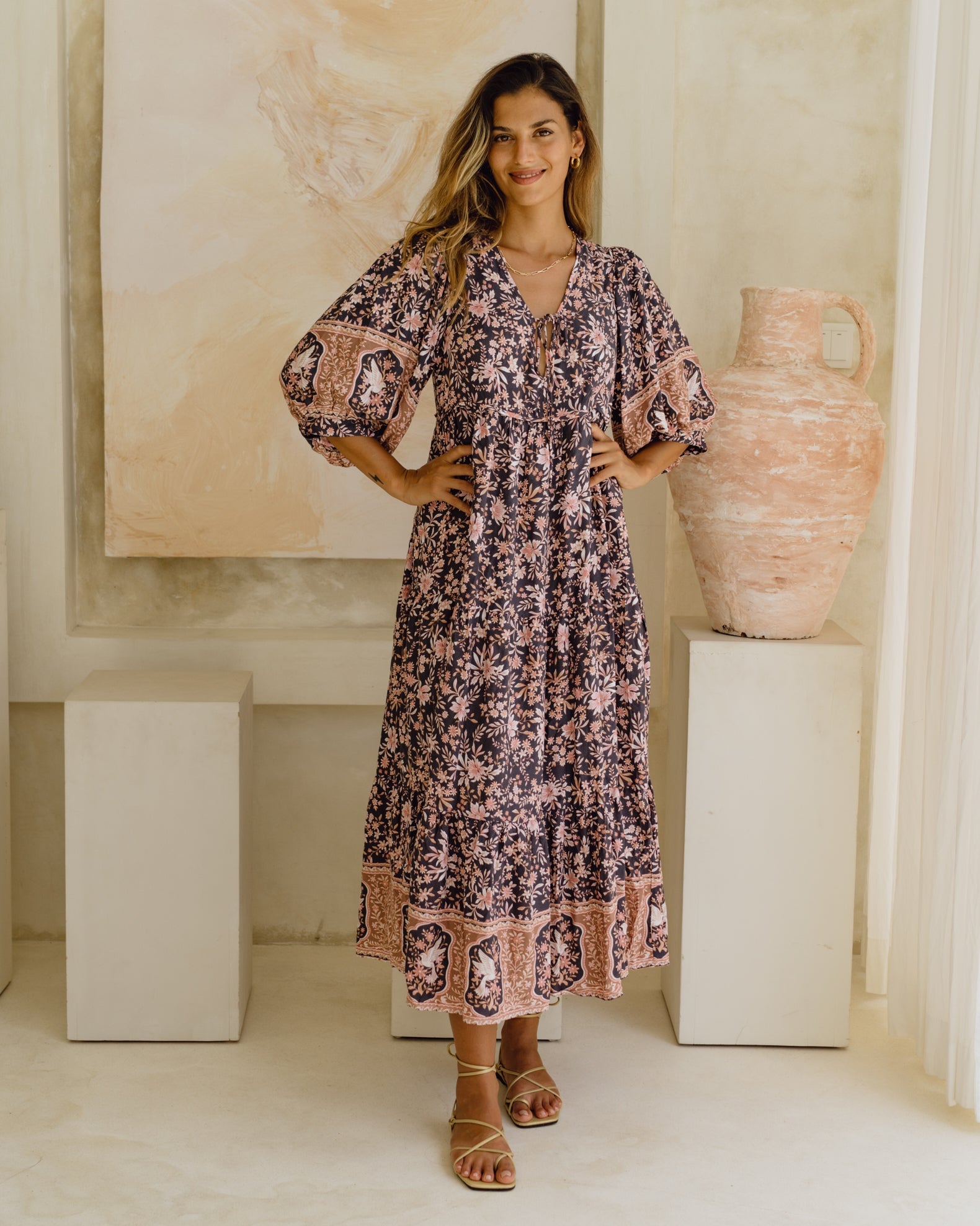 Image of Dresses. Product name - Araminta Purple Floral Boho Midi Dress in Floral colour by brand - Heychic