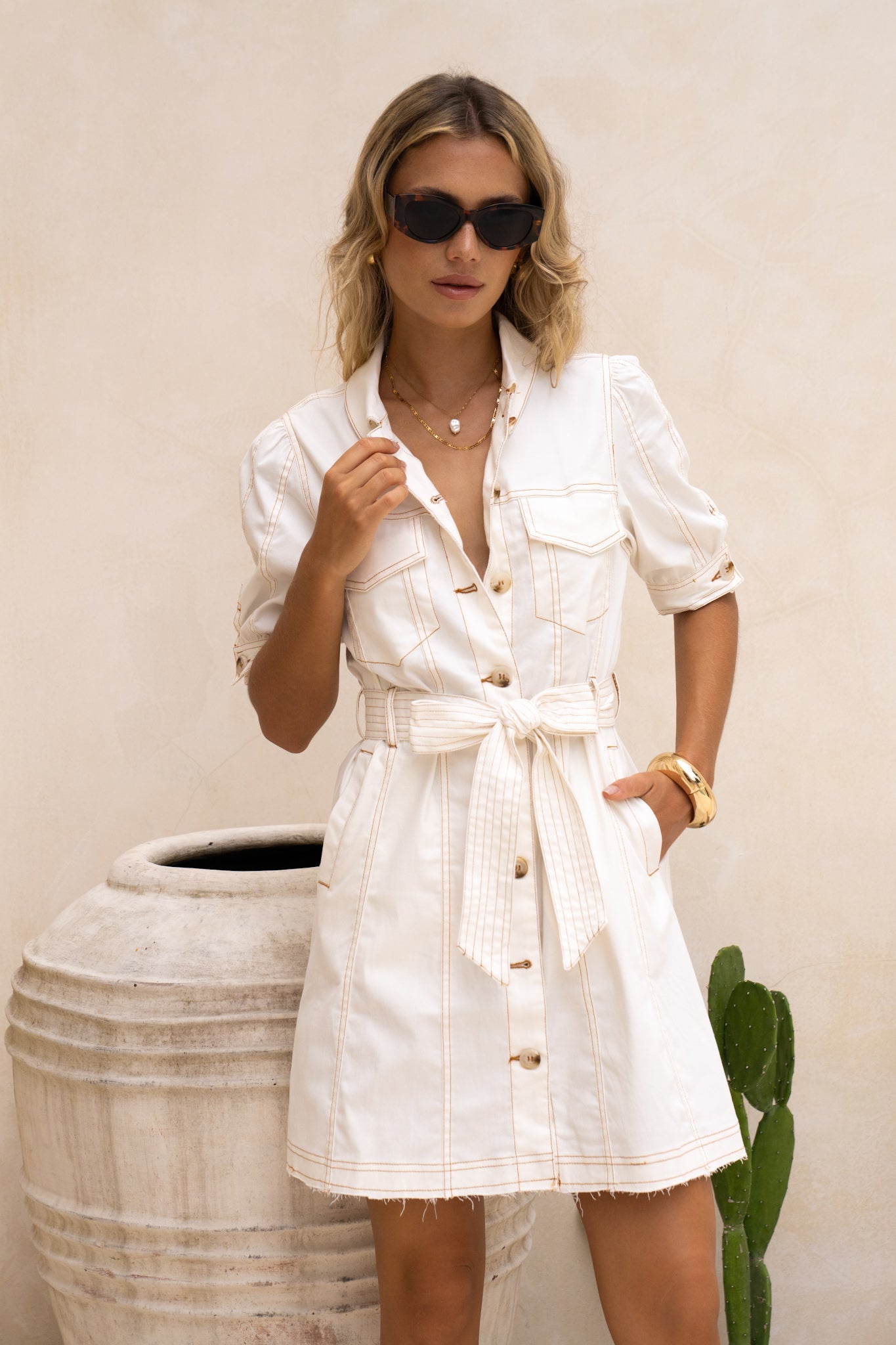 Image of Dresses. Productname: Heychic Chloe White Button Down Belted Mini Dress in White colour by brand - Heychic
