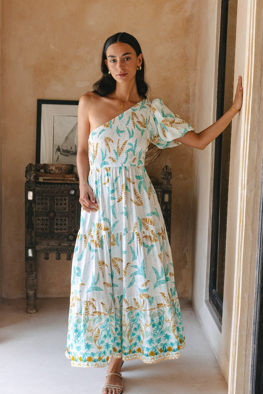 Image of Dresses. Productname: Heychic Wisteria Tropical Boho One Shoulder Midi Dress in Blue colour by brand - Heychic