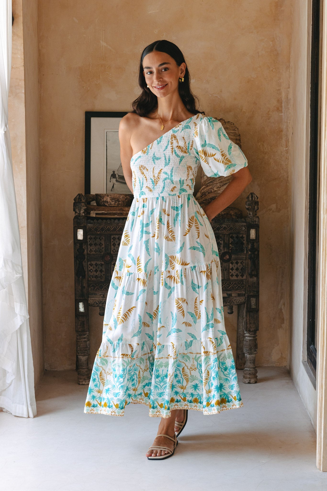 Heychic Wisteria Tropical Boho One Shoulder Midi Dress (Blue)