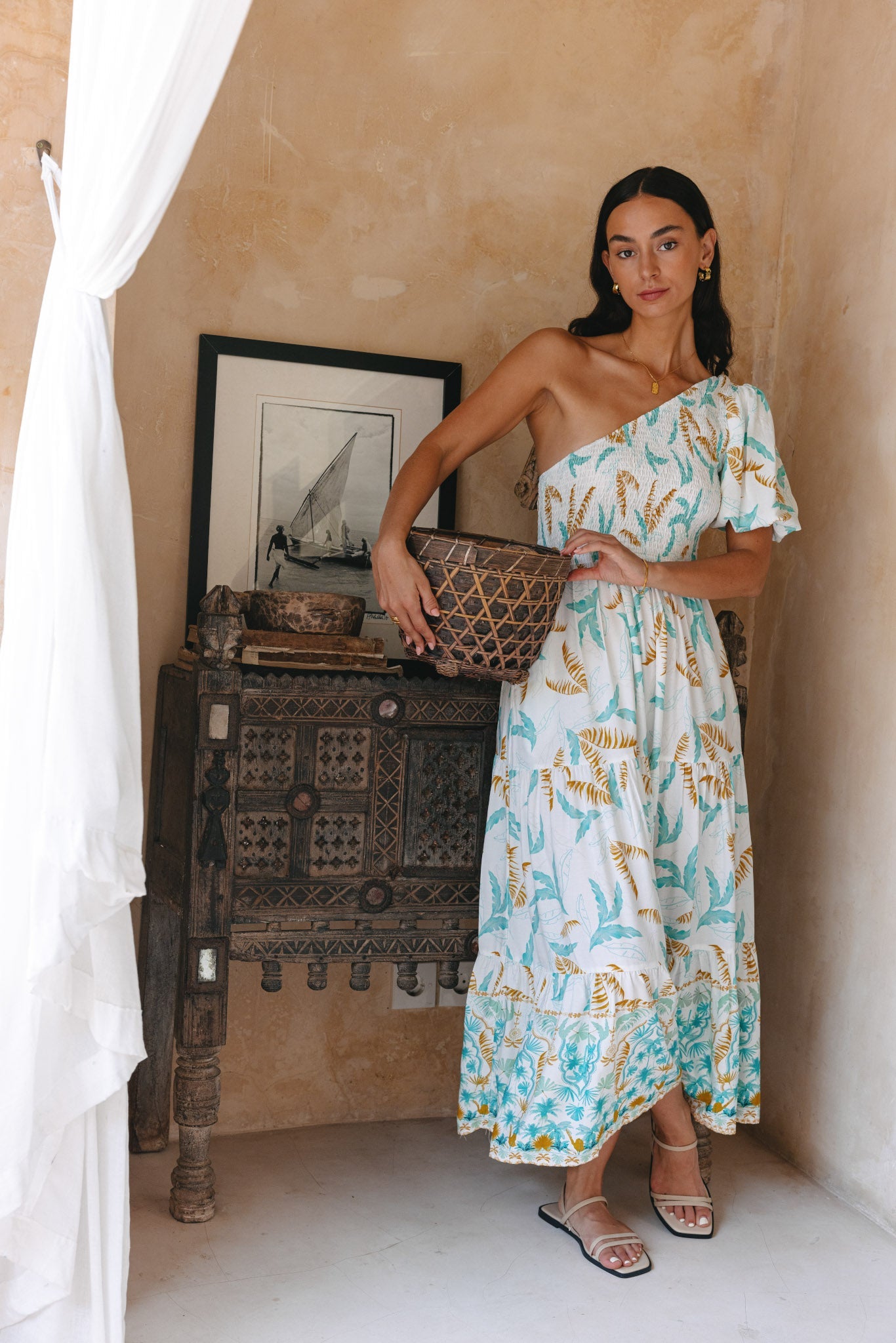 Heychic Wisteria Tropical Boho One Shoulder Midi Dress (Blue)