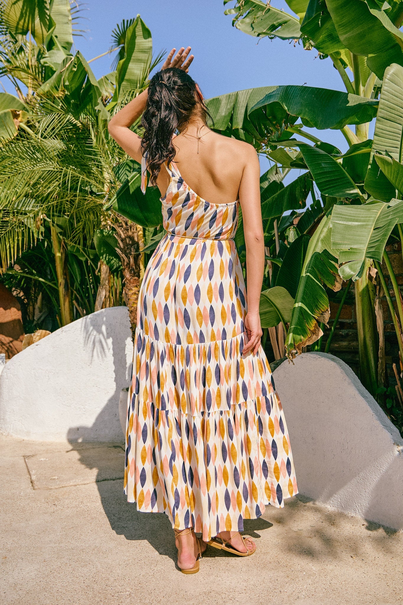Heychic Witten Orange Geometric One Shoulder Tie Maxi Dress (Blue)