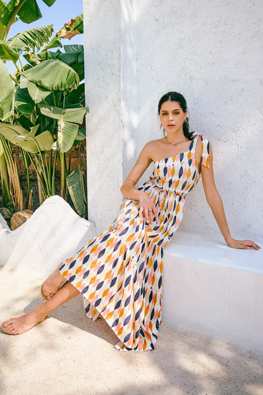 Image of Dresses. Productname: Heychic Witten Blue Orange Geometric One Shoulder Tie Maxi Dress in Blue colour by brand - Heychic