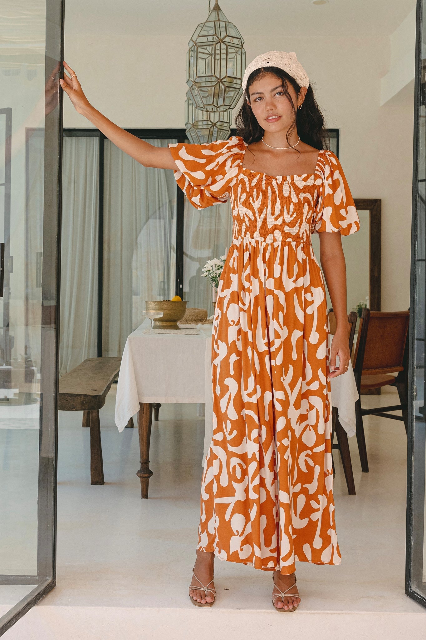 Heychic Solange Rust Abstract Puff Sleeve Jumpsuit (Orange)