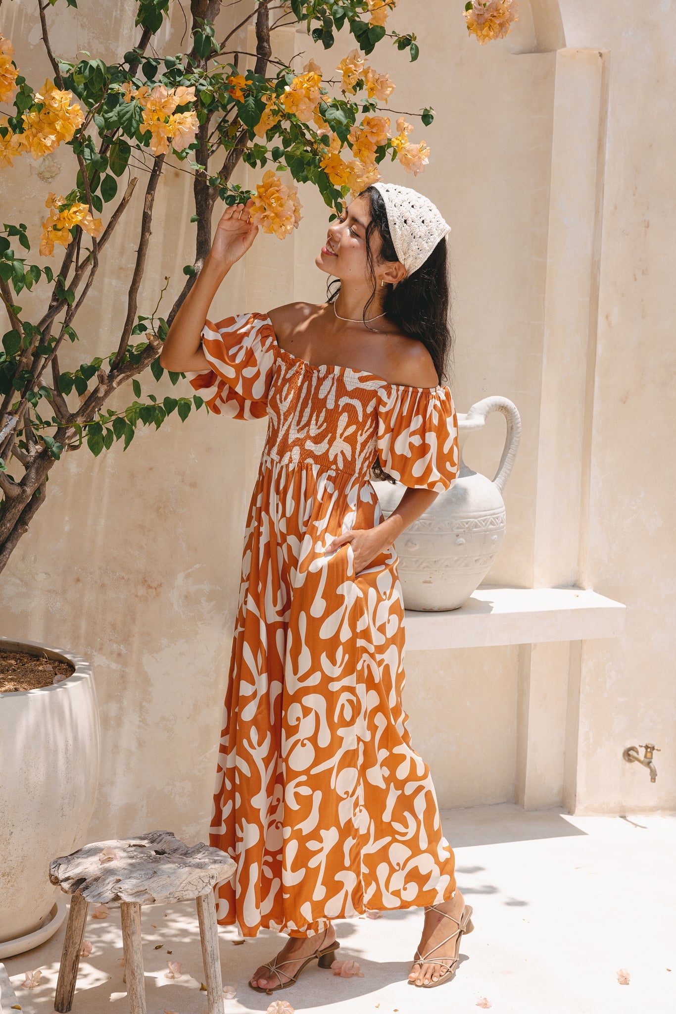 Heychic Solange Rust Abstract Puff Sleeve Jumpsuit (Orange)