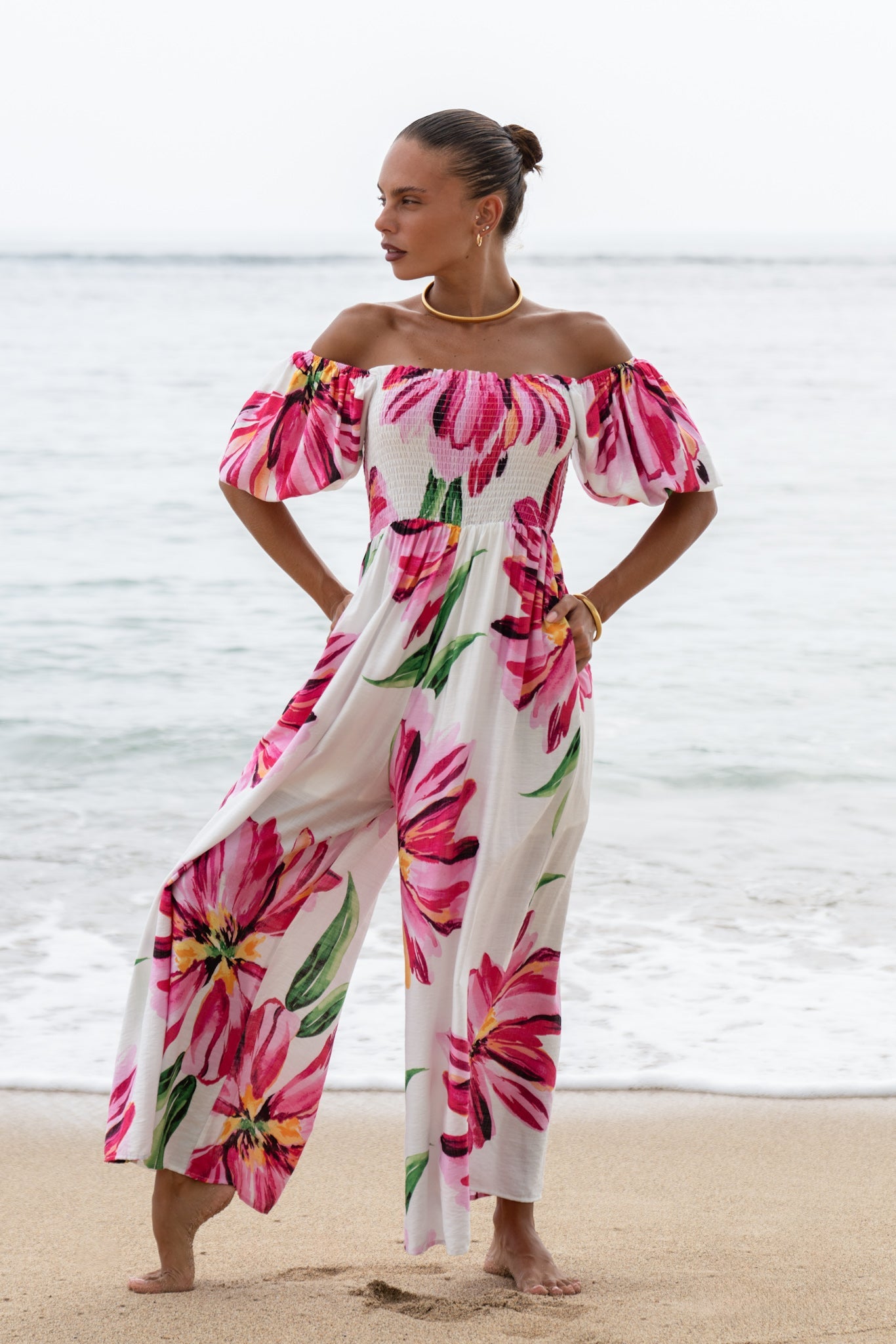 Heychic Gracie Pink Puff Sleeve Jumpsuit (Floral)
