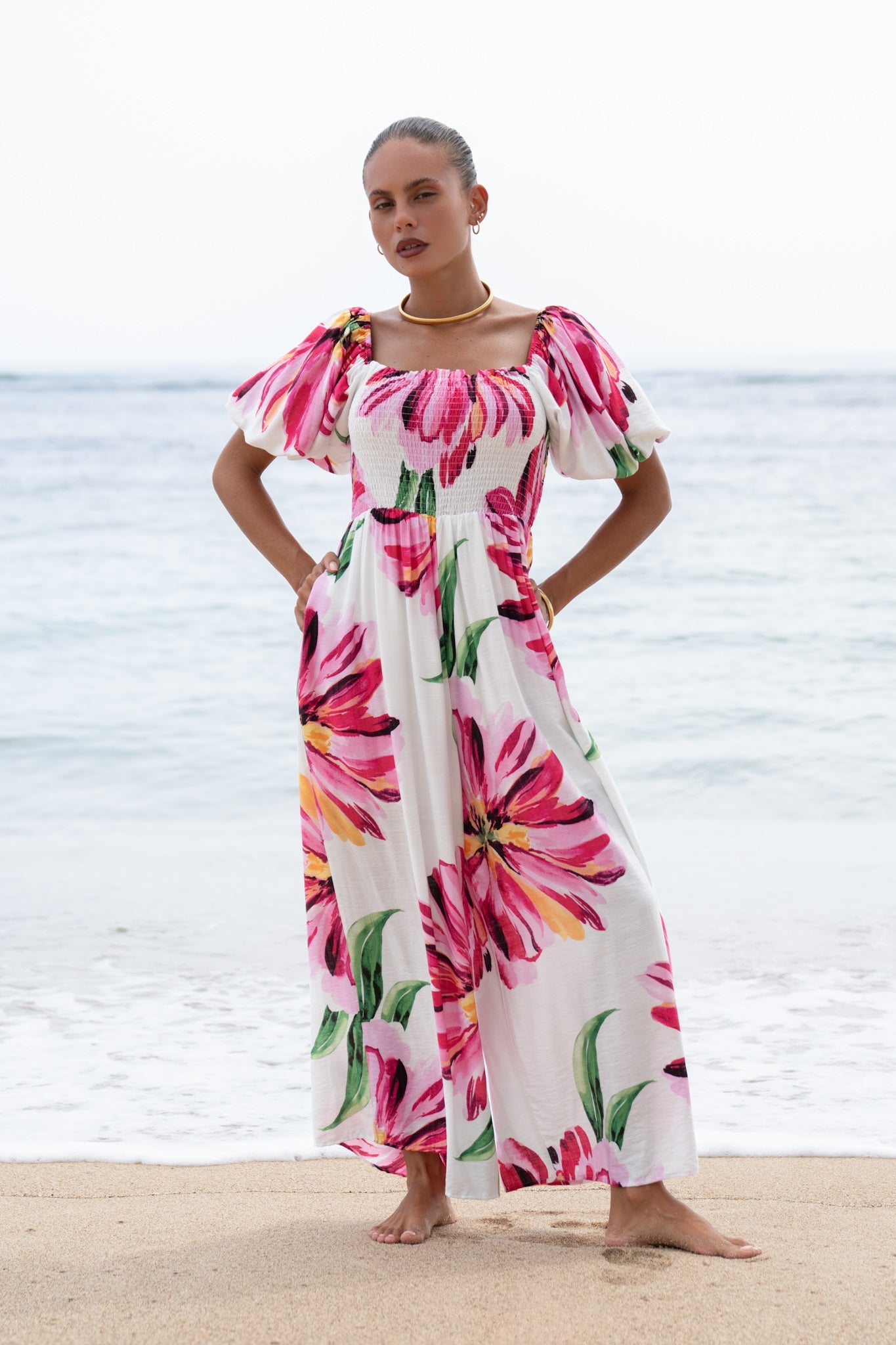 Heychic Gracie Pink Puff Sleeve Jumpsuit (Floral)