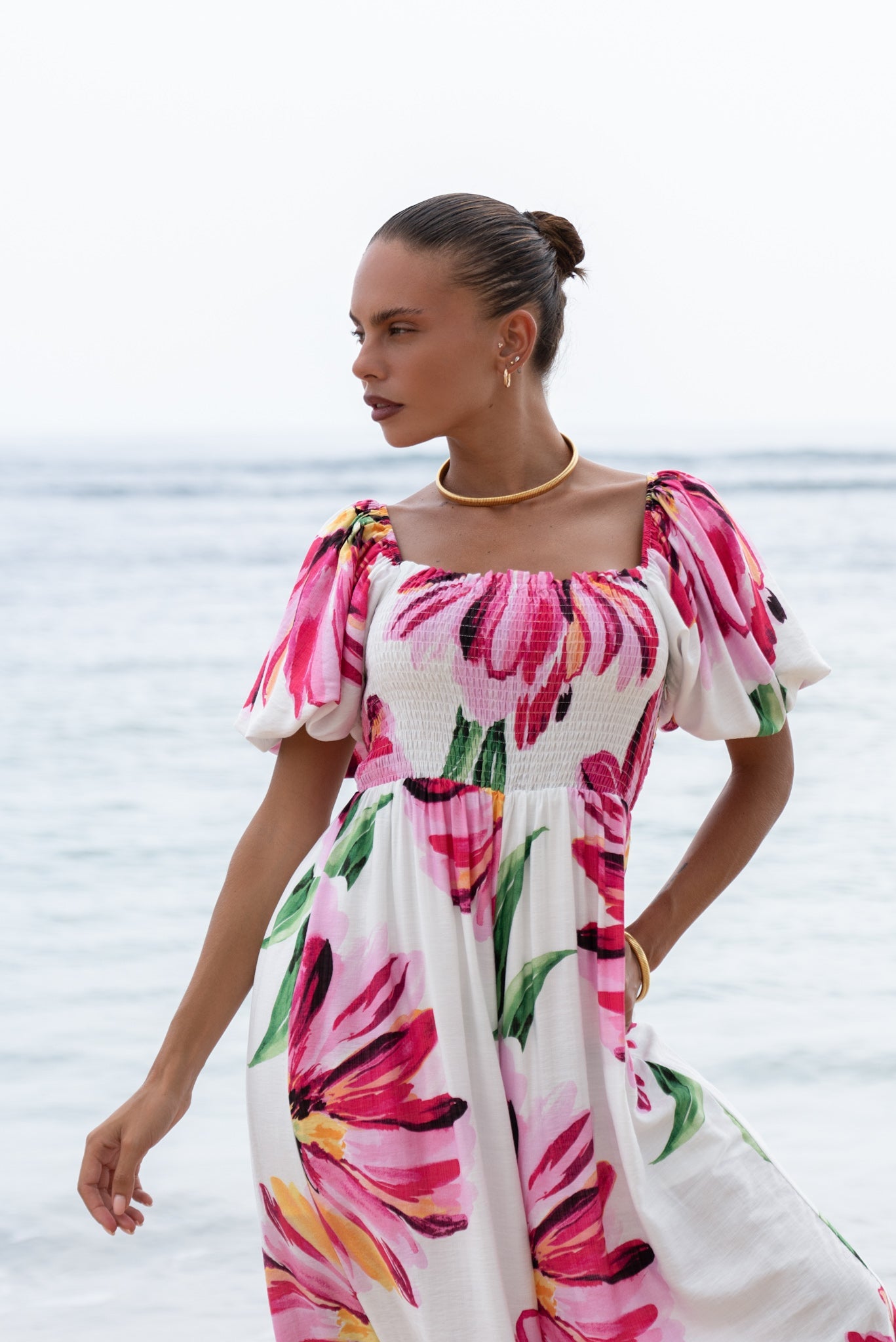 Heychic Gracie Pink Puff Sleeve Jumpsuit (Floral)