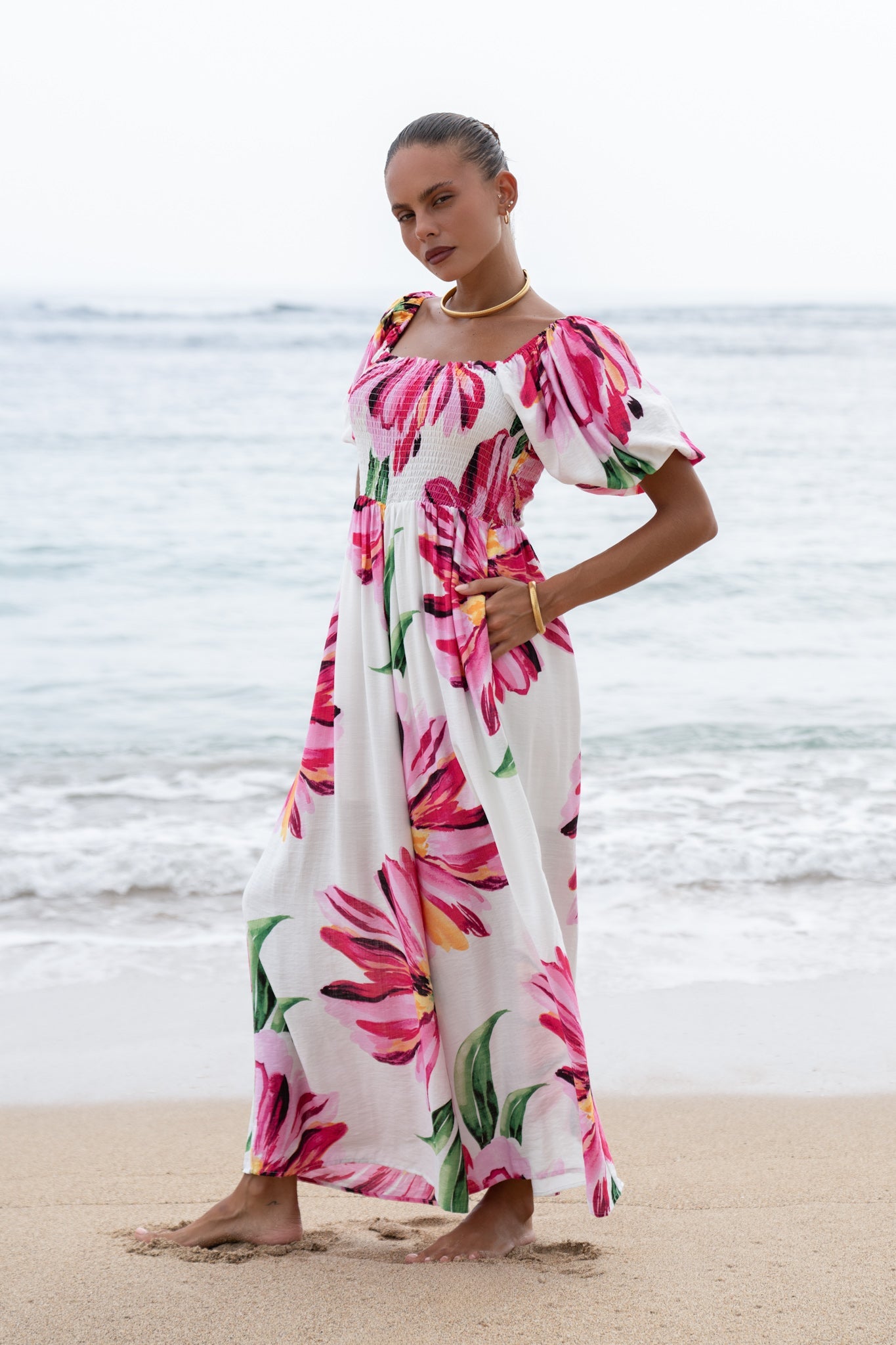 Heychic Gracie Pink Puff Sleeve Jumpsuit (Floral)