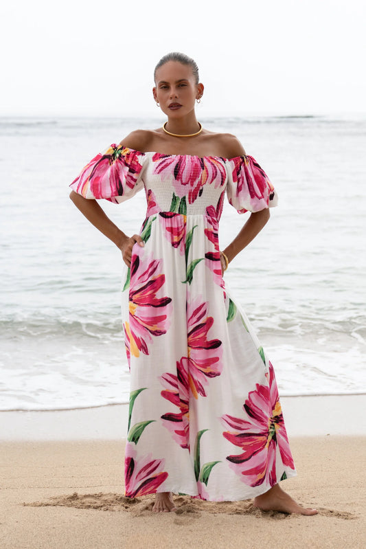 Image of Bodysuits. Product name - Gracie Pink Floral Puff Sleeve Jumpsuit in Floral colour by brand - Heychic
