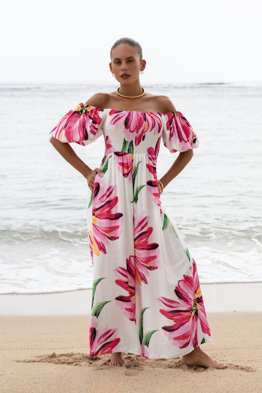 Image of Bodysuits. Productname: Gracie Pink Floral Puff Sleeve Jumpsuit in Floral colour by brand - Heychic