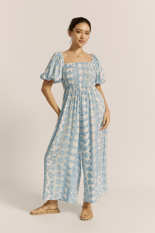 Image of Bodysuits. Productname: Heychic Oceane Blue Abstract Puff Sleeve Jumpsuit in Blue colour by brand - Heychic