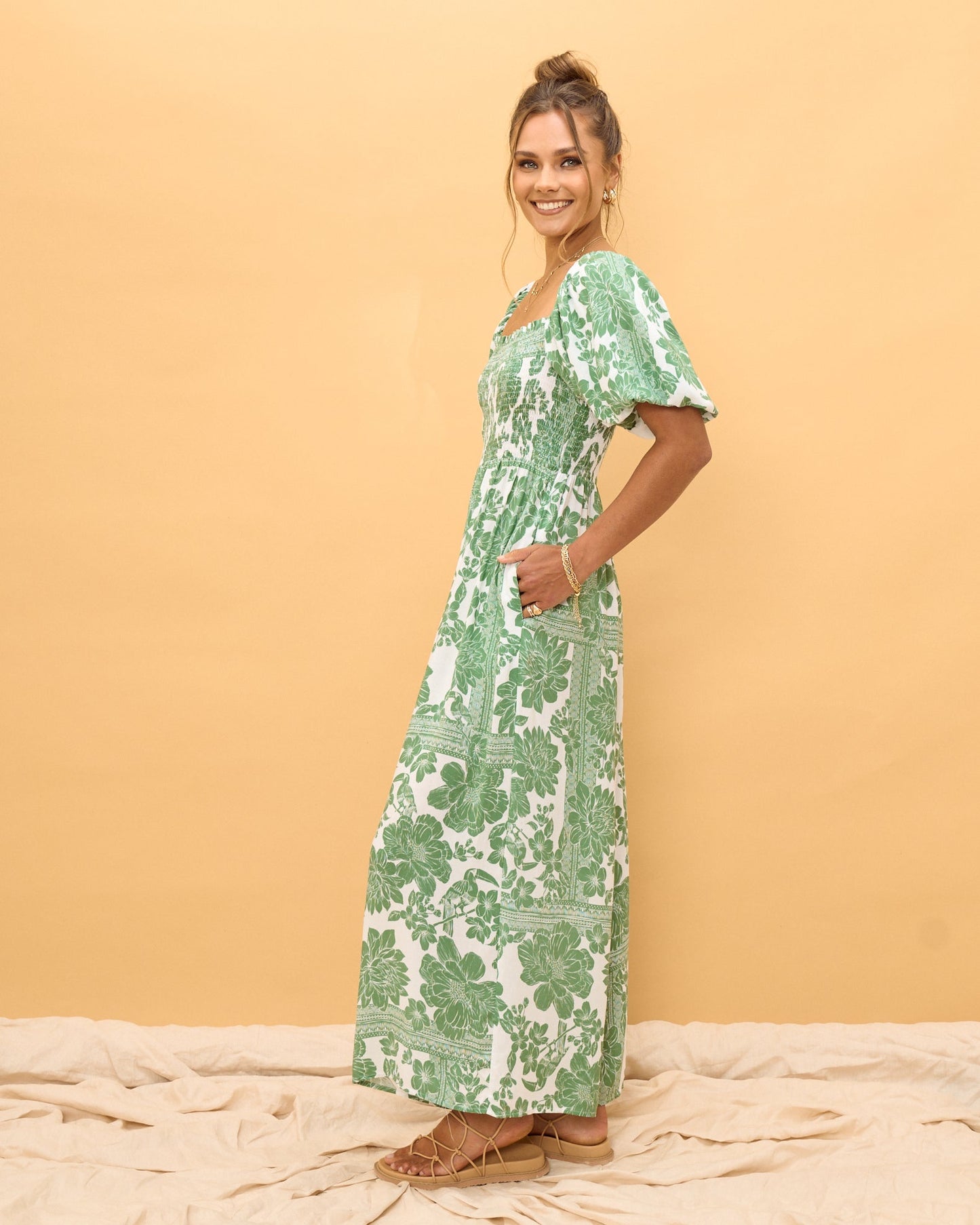 Heychic Viridiana Green Puff Sleeve Jumpsuit (Floral)