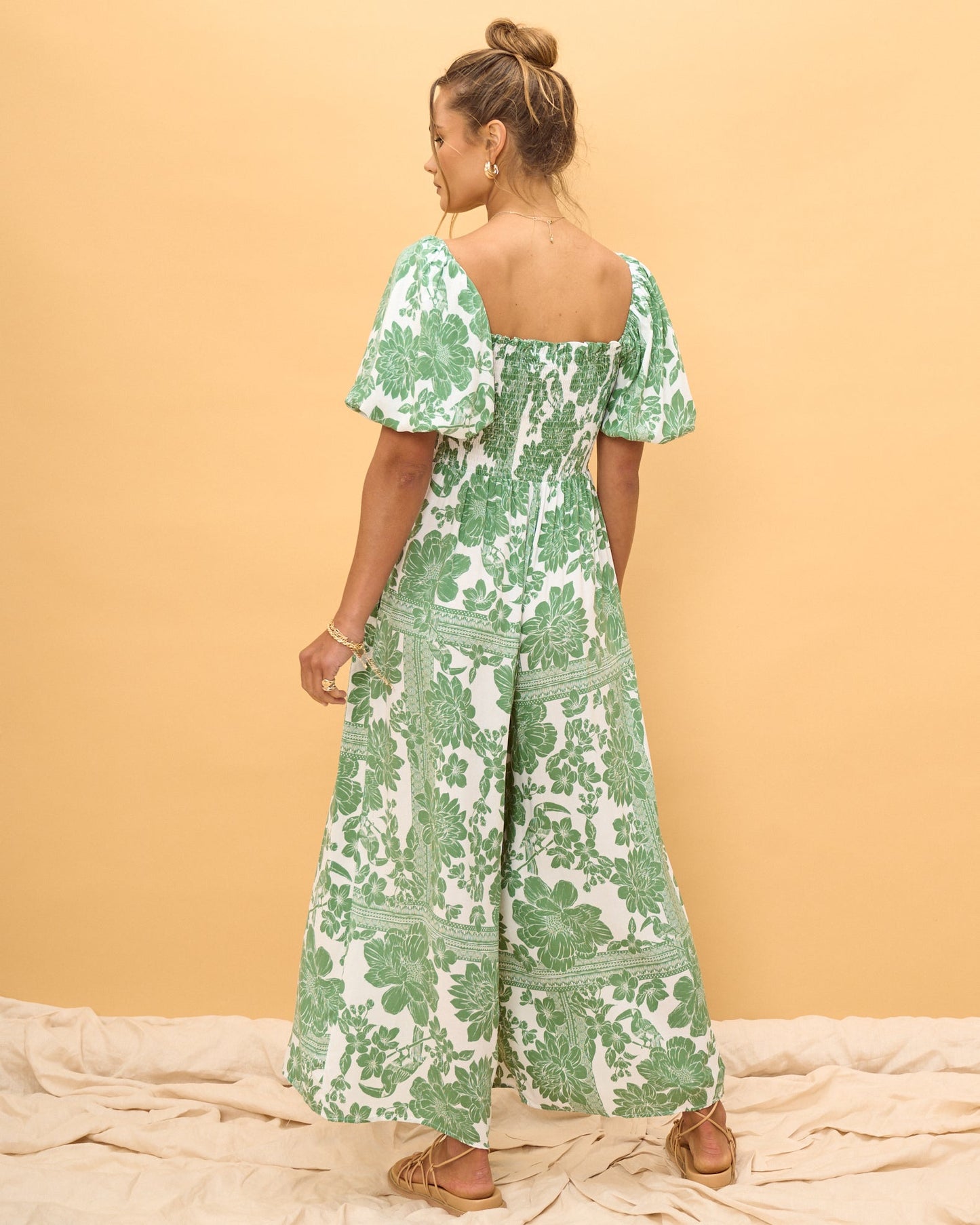 Heychic Viridiana Green Puff Sleeve Jumpsuit (Floral)