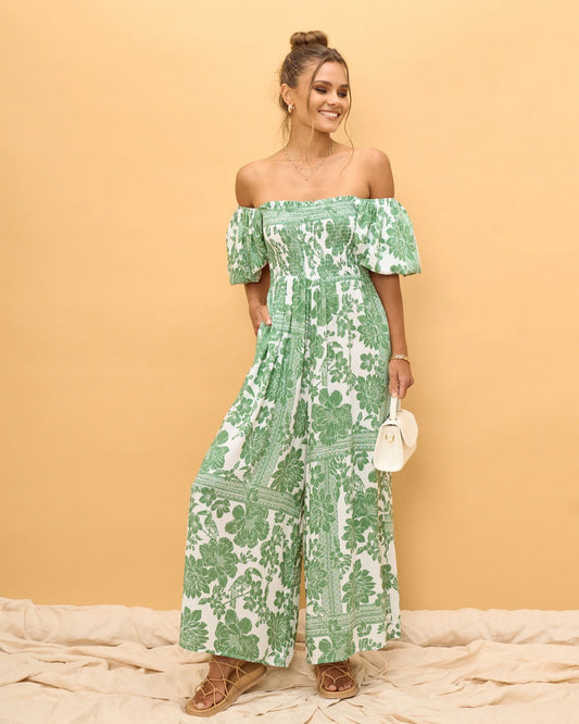 Image of Bodysuits. Product name - Viridiana Green Floral Puff Sleeve Jumpsuit in Floral colour by brand - Heychic