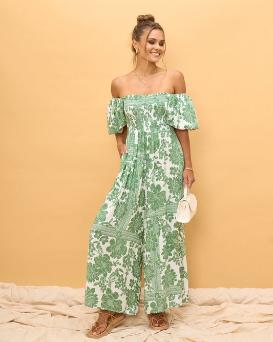 Image of Bodysuits. Productname: Viridiana Green Floral Puff Sleeve Jumpsuit in Floral colour by brand - Heychic