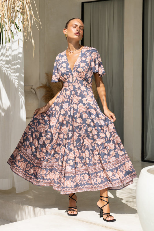 Image of Dresses. Productname: Amarante Navy Peach Floral Boho V-Neck Midi Dress in Floral colour by brand - Heychic