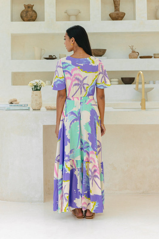 Heychic Paradisio Tropical V-Neck Midi Dress (Purple)