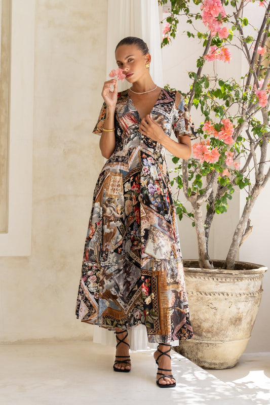 Image of Dresses. Productname: Heychic Alessia Black Abstract V-Neck Midi Dress in Black colour by brand - Heychic